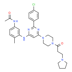ChemSpider 2D Image | N-(3-{[2-(4-Chlorophenyl)-6-{4-[3-(1-pyrrolidinyl)propanoyl]-1-piperazinyl}-4-pyrimidinyl]amino}-4-methylphenyl)acetamide | C30H36ClN7O2