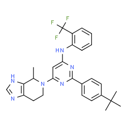 ChemSpider 2D Image | 2-[4-(2-Methyl-2-propanyl)phenyl]-6-(4-methyl-3,4,6,7-tetrahydro-5H-imidazo[4,5-c]pyridin-5-yl)-N-[2-(trifluoromethyl)phenyl]-4-pyrimidinamine | C28H29F3N6