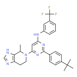 ChemSpider 2D Image | 2-[4-(2-Methyl-2-propanyl)phenyl]-6-(4-methyl-3,4,6,7-tetrahydro-5H-imidazo[4,5-c]pyridin-5-yl)-N-[3-(trifluoromethyl)phenyl]-4-pyrimidinamine | C28H29F3N6