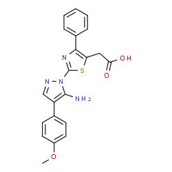ChemSpider 2D Image | {2-[5-Amino-4-(4-methoxyphenyl)-1H-pyrazol-1-yl]-4-phenyl-1,3-thiazol-5-yl}acetic acid | C21H18N4O3S