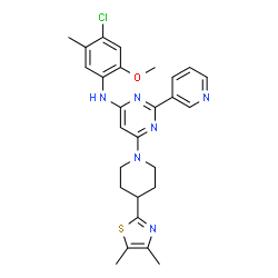 ChemSpider 2D Image | N-(4-Chloro-2-methoxy-5-methylphenyl)-6-[4-(4,5-dimethyl-1,3-thiazol-2-yl)-1-piperidinyl]-2-(3-pyridinyl)-4-pyrimidinamine | C27H29ClN6OS