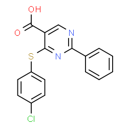 ChemSpider 2D Image | 4-[(4-Chlorophenyl)thio]-2-phenyl-5-pyrimidinecarboxylic acid | C17H11ClN2O2S