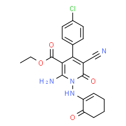 ChemSpider 2D Image | Ethyl 2-amino-4-(4-chlorophenyl)-5-cyano-1,6-dihydro-6-oxo-1-[(6-oxo-1-cyclohexen-1-yl)amino]-3-pyridinecarboxylate | C21H19ClN4O4