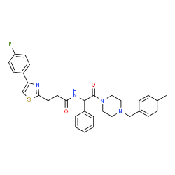 ChemSpider 2D Image | 3-[4-(4-Fluorophenyl)-1,3-thiazol-2-yl]-N-{2-[4-(4-methylbenzyl)-1-piperazinyl]-2-oxo-1-phenylethyl}propanamide | C32H33FN4O2S