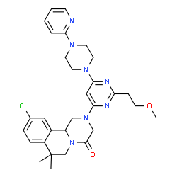 ChemSpider 2D Image | 10-Chloro-2-{2-(2-methoxyethyl)-6-[4-(2-pyridinyl)-1-piperazinyl]-4-pyrimidinyl}-7,7-dimethyl-1,2,3,6,7,11b-hexahydro-4H-pyrazino[2,1-a]isoquinolin-4-one | C30H36ClN7O2