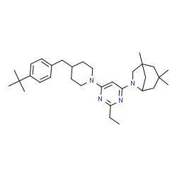 ChemSpider 2D Image | 6-(2-Ethyl-6-{4-[4-(2-methyl-2-propanyl)benzyl]-1-piperidinyl}-4-pyrimidinyl)-1,3,3-trimethyl-6-azabicyclo[3.2.1]octane | C32H48N4