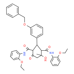 ChemSpider 2D Image | 2-[3-(Benzyloxy)phenyl]-N,N'-bis(2-ethoxyphenyl)-4-hydroxy-4-methyl-6-oxo-1,3-cyclohexanedicarboxamide | C38H40N2O7