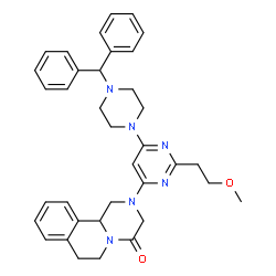 ChemSpider 2D Image | 2-{6-[4-(Diphenylmethyl)-1-piperazinyl]-2-(2-methoxyethyl)-4-pyrimidinyl}-1,2,3,6,7,11b-hexahydro-4H-pyrazino[2,1-a]isoquinolin-4-one | C36H40N6O2