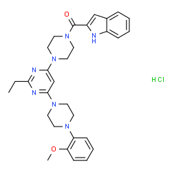 ChemSpider 2D Image | (4-{2-Ethyl-6-[4-(2-methoxyphenyl)-1-piperazinyl]-4-pyrimidinyl}-1-piperazinyl)(1H-indol-2-yl)methanone hydrochloride (1:1) | C30H36ClN7O2