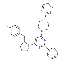 ChemSpider 2D Image | 4-[2-(4-Chlorobenzyl)-1-pyrrolidinyl]-2-phenyl-6-[4-(2-pyridinyl)-1-piperazinyl]pyrimidine | C30H31ClN6