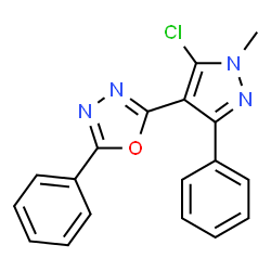 ChemSpider 2D Image | 2-(5-Chloro-1-methyl-3-phenyl-1H-pyrazol-4-yl)-5-phenyl-1,3,4-oxadiazole | C18H13ClN4O