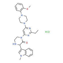 ChemSpider 2D Image | 1-{2-Ethyl-6-[4-(2-methoxyphenyl)-1-piperazinyl]-4-pyrimidinyl}-3-(1-methyl-1H-indol-3-yl)-2-piperazinone hydrochloride (1:1) | C30H36ClN7O2
