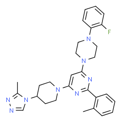 ChemSpider 2D Image | 4-[4-(2-Fluorophenyl)-1-piperazinyl]-2-(2-methylphenyl)-6-[4-(3-methyl-4H-1,2,4-triazol-4-yl)-1-piperidinyl]pyrimidine | C29H33FN8
