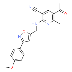 ChemSpider 2D Image | 5-Acetyl-2-({[3-(4-methoxyphenyl)-1,2-oxazol-5-yl]methyl}amino)-6-methylnicotinonitrile | C20H18N4O3