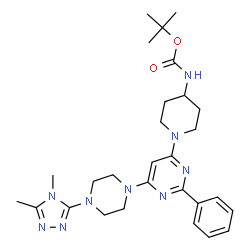 ChemSpider 2D Image | 2-Methyl-2-propanyl (1-{6-[4-(4,5-dimethyl-4H-1,2,4-triazol-3-yl)-1-piperazinyl]-2-phenyl-4-pyrimidinyl}-4-piperidinyl)carbamate | C28H39N9O2