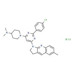 ChemSpider 2D Image | 1-[2-(4-Chlorophenyl)-6-(6-methyl-2,3-dihydro-1H-pyrrolo[2,3-b]quinolin-1-yl)-4-pyrimidinyl]-N,N-dimethyl-4-piperidinamine hydrochloride (1:1) | C29H32Cl2N6