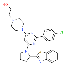 ChemSpider 2D Image | 2-(4-{6-[2-(1,3-Benzothiazol-2-yl)-1-pyrrolidinyl]-2-(4-chlorophenyl)-4-pyrimidinyl}-1-piperazinyl)ethanol | C27H29ClN6OS