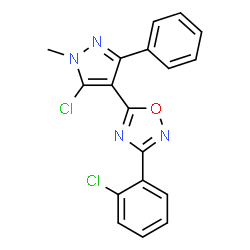 ChemSpider 2D Image | 5-(5-Chloro-1-methyl-3-phenyl-1H-pyrazol-4-yl)-3-(2-chlorophenyl)-1,2,4-oxadiazole | C18H12Cl2N4O