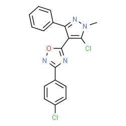 ChemSpider 2D Image | 5-(5-Chloro-1-methyl-3-phenyl-1H-pyrazol-4-yl)-3-(4-chlorophenyl)-1,2,4-oxadiazole | C18H12Cl2N4O