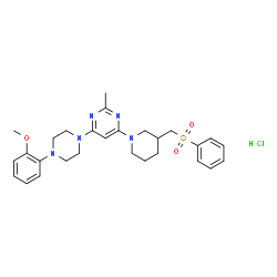 ChemSpider 2D Image | 4-[4-(2-Methoxyphenyl)-1-piperazinyl]-2-methyl-6-{3-[(phenylsulfonyl)methyl]-1-piperidinyl}pyrimidine hydrochloride (1:1) | C28H36ClN5O3S