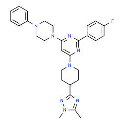 ChemSpider 2D Image | 4-[4-(1,5-Dimethyl-1H-1,2,4-triazol-3-yl)-1-piperidinyl]-2-(4-fluorophenyl)-6-(4-phenyl-1-piperazinyl)pyrimidine | C29H33FN8