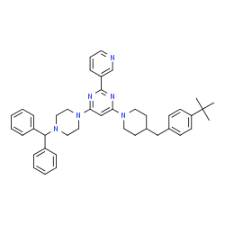ChemSpider 2D Image | 4-[4-(Diphenylmethyl)-1-piperazinyl]-6-{4-[4-(2-methyl-2-propanyl)benzyl]-1-piperidinyl}-2-(3-pyridinyl)pyrimidine | C42H48N6