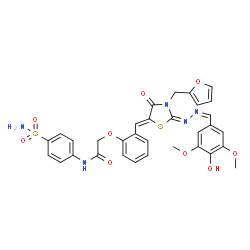 ChemSpider 2D Image | 2-{2-[(Z)-{(2E)-3-(2-Furylmethyl)-2-[(2Z)-(4-hydroxy-3,5-dimethoxybenzylidene)hydrazono]-4-oxo-1,3-thiazolidin-5-ylidene}methyl]phenoxy}-N-(4-sulfamoylphenyl)acetamide | C32H29N5O9S2