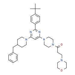 ChemSpider 2D Image | 1-(4-{6-(4-Benzyl-1-piperidinyl)-2-[4-(2-methyl-2-propanyl)phenyl]-4-pyrimidinyl}-1-piperazinyl)-3-(4-morpholinyl)-1-propanone | C37H50N6O2