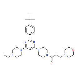 ChemSpider 2D Image | 1-(4-{6-(4-Ethyl-1-piperazinyl)-2-[4-(2-methyl-2-propanyl)phenyl]-4-pyrimidinyl}-1-piperazinyl)-3-(4-morpholinyl)-1-propanone | C31H47N7O2