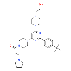 ChemSpider 2D Image | 1-(4-{6-[4-(2-Hydroxyethyl)-1-piperazinyl]-2-[4-(2-methyl-2-propanyl)phenyl]-4-pyrimidinyl}-1-piperazinyl)-3-(1-pyrrolidinyl)-1-propanone | C31H47N7O2