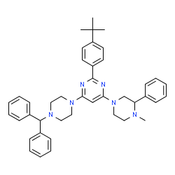 ChemSpider 2D Image | 4-[4-(Diphenylmethyl)-1-piperazinyl]-6-(4-methyl-3-phenyl-1-piperazinyl)-2-[4-(2-methyl-2-propanyl)phenyl]pyrimidine | C42H48N6