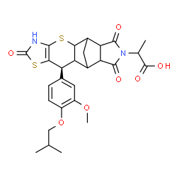 ChemSpider 2D Image | 2-[(9S)-9-(4-Isobutoxy-3-methoxyphenyl)-6,13,15-trioxo-3,7-dithia-5,14-diazapentacyclo[9.5.1.0~2,10~.0~4,8~.0~12,16~]heptadec-4(8)-en-14-yl]propanoic acid | C27H30N2O7S2