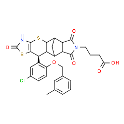 ChemSpider 2D Image | 4-[(9S)-9-{5-Chloro-2-[(3-methylbenzyl)oxy]phenyl}-6,13,15-trioxo-3,7-dithia-5,14-diazapentacyclo[9.5.1.0~2,10~.0~4,8~.0~12,16~]heptadec-4(8)-en-14-yl]butanoic acid | C31H29ClN2O6S2