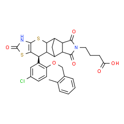 ChemSpider 2D Image | 4-[(9S)-9-{5-Chloro-2-[(2-methylbenzyl)oxy]phenyl}-6,13,15-trioxo-3,7-dithia-5,14-diazapentacyclo[9.5.1.0~2,10~.0~4,8~.0~12,16~]heptadec-4(8)-en-14-yl]butanoic acid | C31H29ClN2O6S2