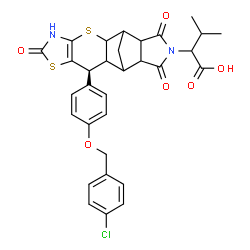 ChemSpider 2D Image | 2-[(9S)-9-{4-[(4-Chlorobenzyl)oxy]phenyl}-6,13,15-trioxo-3,7-dithia-5,14-diazapentacyclo[9.5.1.0~2,10~.0~4,8~.0~12,16~]heptadec-4(8)-en-14-yl]-3-methylbutanoic acid | C31H29ClN2O6S2