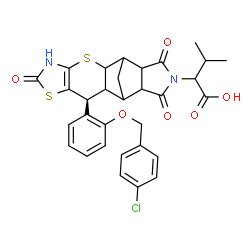 ChemSpider 2D Image | 2-[(9S)-9-{2-[(4-Chlorobenzyl)oxy]phenyl}-6,13,15-trioxo-3,7-dithia-5,14-diazapentacyclo[9.5.1.0~2,10~.0~4,8~.0~12,16~]heptadec-4(8)-en-14-yl]-3-methylbutanoic acid | C31H29ClN2O6S2