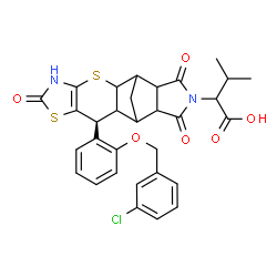 ChemSpider 2D Image | 2-[(9S)-9-{2-[(3-Chlorobenzyl)oxy]phenyl}-6,13,15-trioxo-3,7-dithia-5,14-diazapentacyclo[9.5.1.0~2,10~.0~4,8~.0~12,16~]heptadec-4(8)-en-14-yl]-3-methylbutanoic acid | C31H29ClN2O6S2