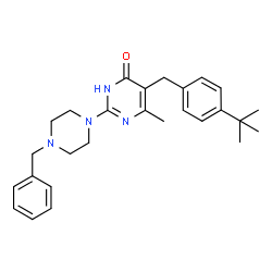 ChemSpider 2D Image | 2-(4-Benzyl-1-piperazinyl)-6-methyl-5-[4-(2-methyl-2-propanyl)benzyl]-4(1H)-pyrimidinone | C27H34N4O