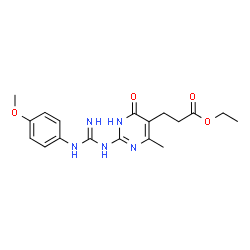ChemSpider 2D Image | Ethyl 3-{2-[N'-(4-methoxyphenyl)carbamimidamido]-4-methyl-6-oxo-1,6-dihydro-5-pyrimidinyl}propanoate | C18H23N5O4