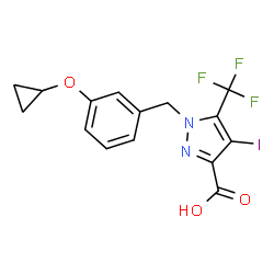 ChemSpider 2D Image | 1-[3-(Cyclopropyloxy)benzyl]-4-iodo-5-(trifluoromethyl)-1H-pyrazole-3-carboxylic acid | C15H12F3IN2O3
