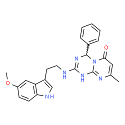 ChemSpider 2D Image | 2-(2-(5-methoxy-1H-indol-3-yl)ethylamino)-8-methyl-4-phenyl-1H-pyrimido[1,2-a][1,3,5]triazin-6(4H)-one | C24H24N6O2