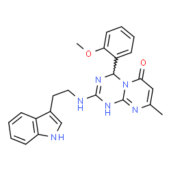 ChemSpider 2D Image | 2-(2-(1H-indol-3-yl)ethylamino)-4-(2-methoxyphenyl)-8-methyl-1H-pyrimido[1,2-a][1,3,5]triazin-6(4H)-one | C24H24N6O2