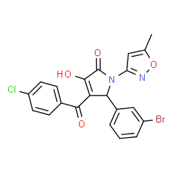 ChemSpider 2D Image | 5-(3-Bromophenyl)-4-(4-chlorobenzoyl)-3-hydroxy-1-(5-methyl-1,2-oxazol-3-yl)-1,5-dihydro-2H-pyrrol-2-one | C21H14BrClN2O4