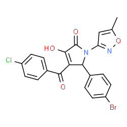 ChemSpider 2D Image | 5-(4-Bromophenyl)-4-(4-chlorobenzoyl)-3-hydroxy-1-(5-methyl-1,2-oxazol-3-yl)-1,5-dihydro-2H-pyrrol-2-one | C21H14BrClN2O4