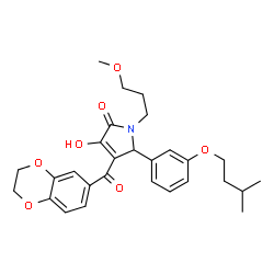 ChemSpider 2D Image | 4-(2,3-Dihydro-1,4-benzodioxin-6-ylcarbonyl)-3-hydroxy-1-(3-methoxypropyl)-5-[3-(3-methylbutoxy)phenyl]-1,5-dihydro-2H-pyrrol-2-one | C28H33NO7