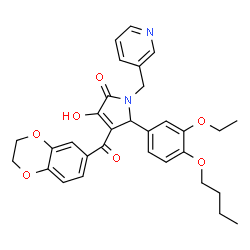 ChemSpider 2D Image | 5-(4-Butoxy-3-ethoxyphenyl)-4-(2,3-dihydro-1,4-benzodioxin-6-ylcarbonyl)-3-hydroxy-1-(3-pyridinylmethyl)-1,5-dihydro-2H-pyrrol-2-one | C31H32N2O7