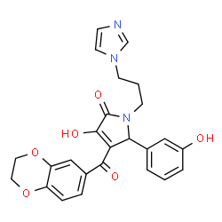 ChemSpider 2D Image | 4-(2,3-Dihydro-1,4-benzodioxin-6-ylcarbonyl)-3-hydroxy-5-(3-hydroxyphenyl)-1-[3-(1H-imidazol-1-yl)propyl]-1,5-dihydro-2H-pyrrol-2-one | C25H23N3O6