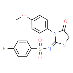 ChemSpider 2D Image | 4-Fluoro-N-[(2E)-3-(4-methoxyphenyl)-4-oxo-1,3-thiazolidin-2-ylidene]benzenesulfonamide | C16H13FN2O4S2