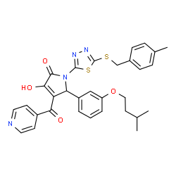 ChemSpider 2D Image | 3-Hydroxy-4-isonicotinoyl-1-{5-[(4-methylbenzyl)sulfanyl]-1,3,4-thiadiazol-2-yl}-5-[3-(3-methylbutoxy)phenyl]-1,5-dihydro-2H-pyrrol-2-one | C31H30N4O4S2