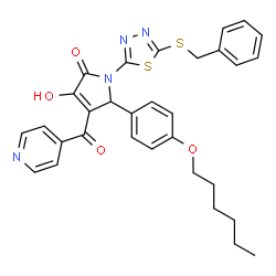 ChemSpider 2D Image | 1-[5-(Benzylsulfanyl)-1,3,4-thiadiazol-2-yl]-5-[4-(hexyloxy)phenyl]-3-hydroxy-4-isonicotinoyl-1,5-dihydro-2H-pyrrol-2-one | C31H30N4O4S2